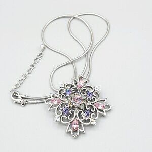 Floral Snowflake Pendant Necklace Silver Tone With Pink & Purple Crystals